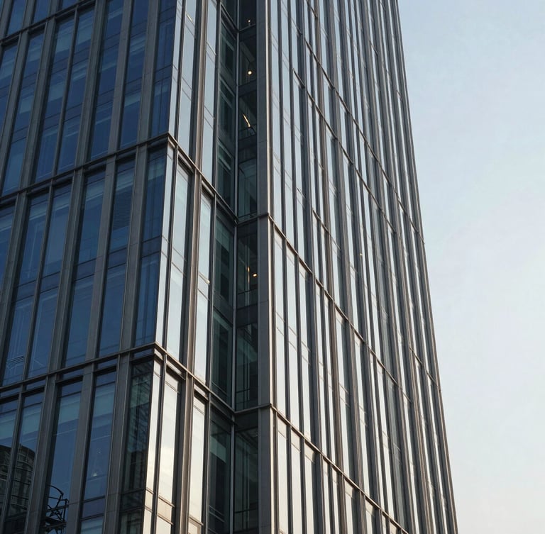 Architectural elevation of a modern steel and glass commercial tower in Gurugram under sharp morning light, clean corporate geometry.