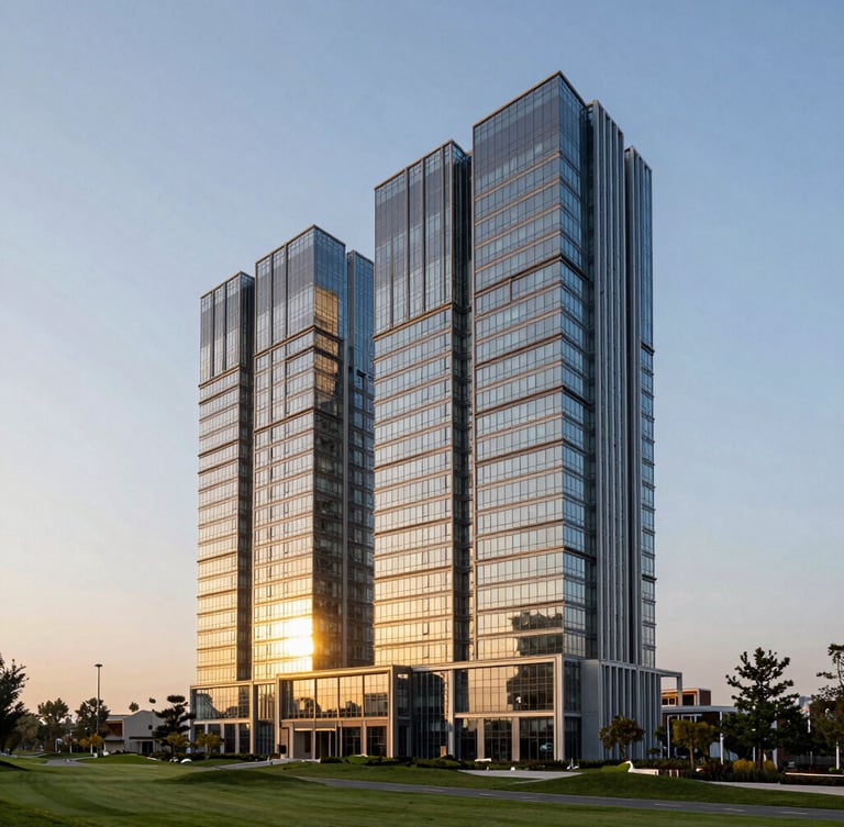Wide-angle architectural elevation of Golf Course Extension Road at golden hour, modern glass-and-steel skyscraper reflecting warm sunlight, clean geometric lines, negative space on the left