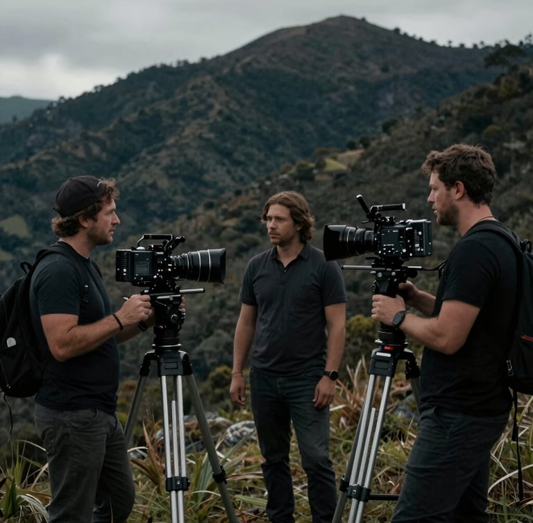 Behind the scenes of a professional film crew on a mountain location in Colombia, cinematic low-key lighting, anamorphic lens, 35mm grain