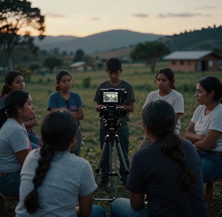 Cinematic film photography of a community film workshop in rural Colombia, natural golden hour lighting, local participants looking at a camera screen, 35mm grain
