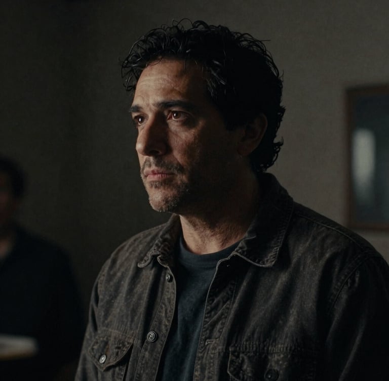 Cinematic low-key portrait of film director Andrés Beltrán Nossa on a dark film set, looking thoughtfully off-camera, dramatic side lighting, anamorphic lens, 35mm grain