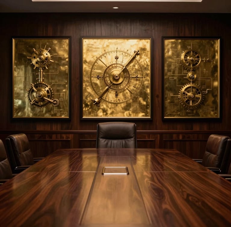 Dark wood executive boardroom with brass mechanical schematics framed on the wall, dramatic low-key lighting, rich metallic textures, 35mm