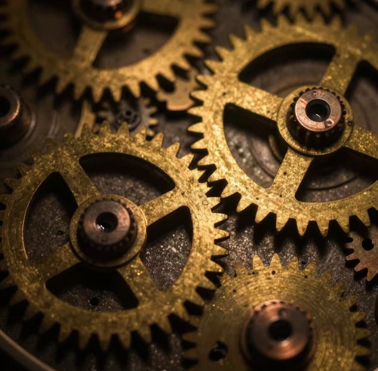 Macro photograph of heavy brass and copper clockwork gears, low-key chiaroscuro lighting with warm amber reflections, rich metallic textures, 35mm