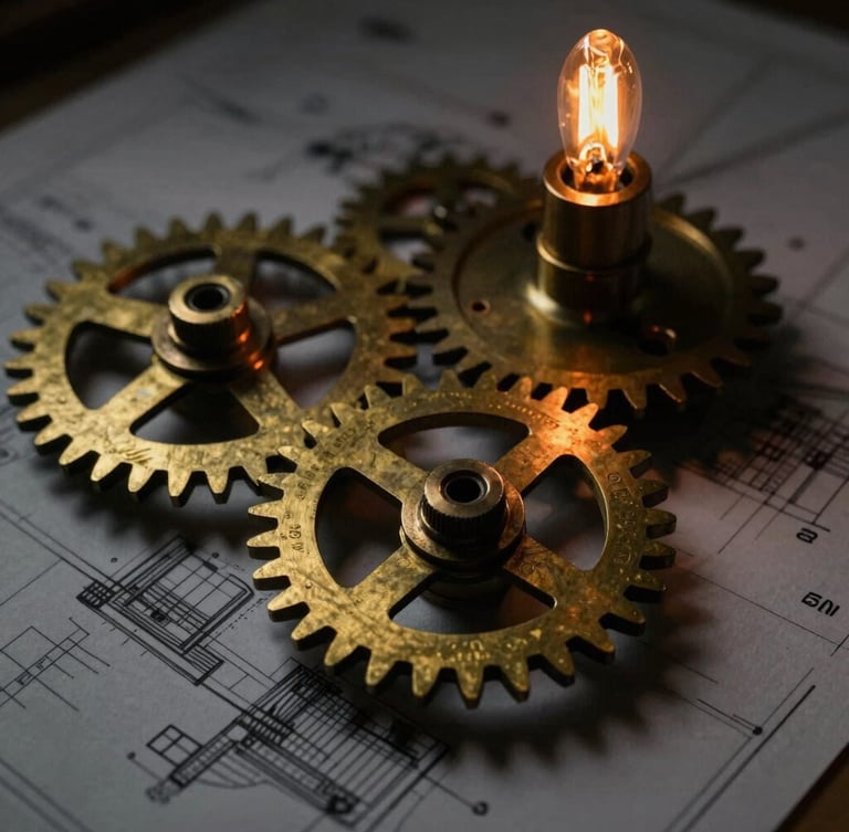 Close-up of vintage brass mechanical gears and architectural blueprints, low-key chiaroscuro lighting, warm amber filament glow, 35mm