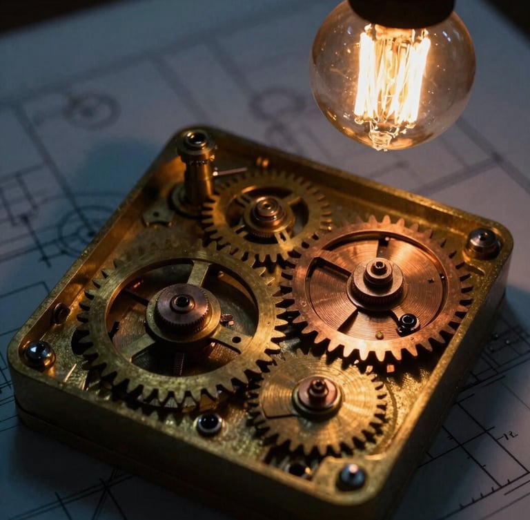 Macro detail shot of heavy brass mechanical gears and copper escapements, low-key chiaroscuro lighting, amber filament bulb glow, blueprints visible in the background, 35mm