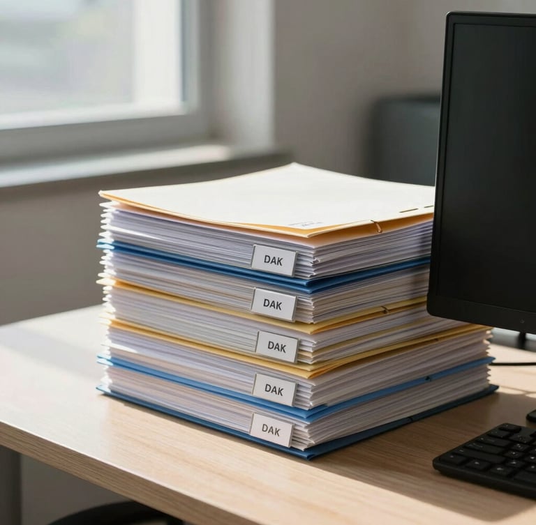 Bright modern workspace desk from the side, neat stacks of labeled folders on the right edge kissing the screen border, sunlit window background