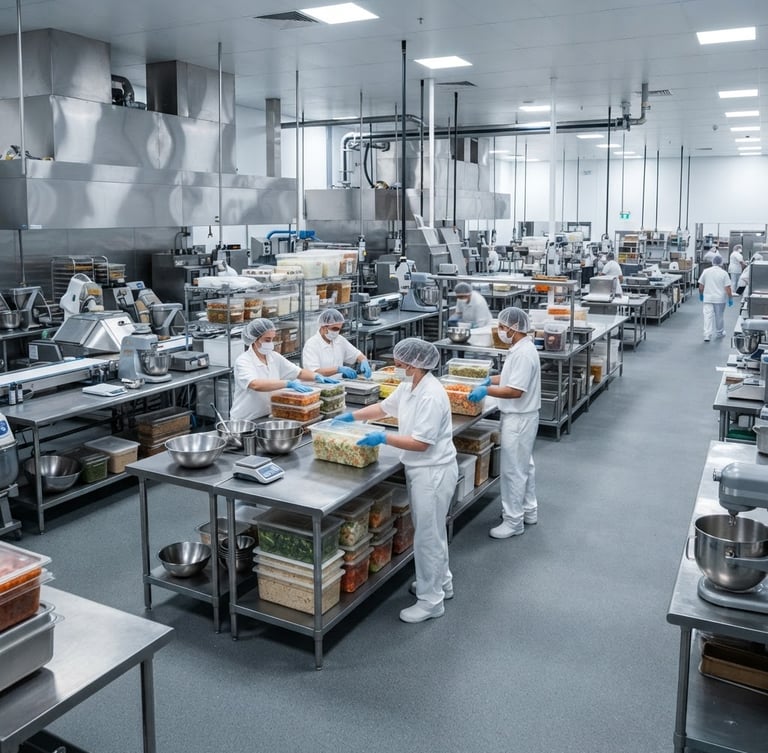 Wide-angle bright shot of a sterile industrial kitchen, stainless steel prep tables, professional staff in white hygienic gear organizing bulk food containers, cool steel tones