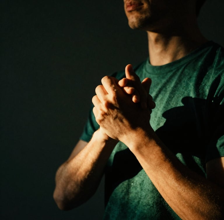 Dramatic low-key photography of a partner dance connection, warm tungsten side-lighting illuminating hands clasped in tension, deep emerald shadows, rich contrast, intentional motion blur, 35mm film.