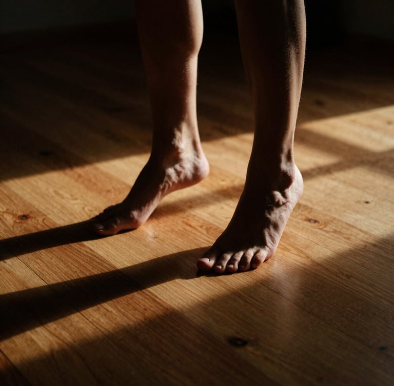 Dynamic low-key photo of feet mid-pivot on a warm wooden studio floor, dramatic side-lighting casting long shadows, rich contrast, subtle motion blur.