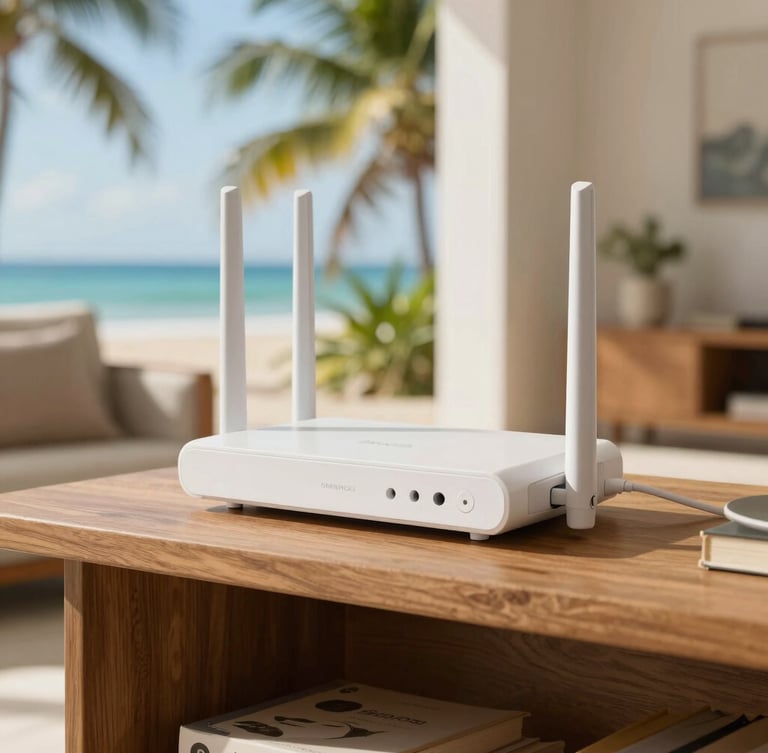 A clean modern fiber-optic router installed neatly on a wooden shelf in a bright Santo Domingo Este living room, warm natural Caribbean daylight.