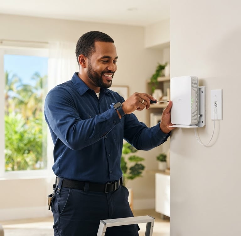Medium shot of a friendly Dominican technician in a neat blue uniform mounting a sleek white fiber router on a clean wall, bright natural Caribbean daylight