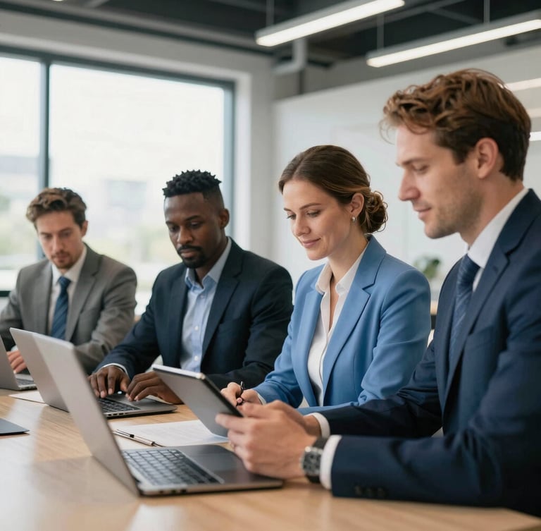 Professional team of Passport P compliance consultants in a modern industrial office, bright daylight, crisp blue and charcoal tones, sharp focus, looking approachable and competent.