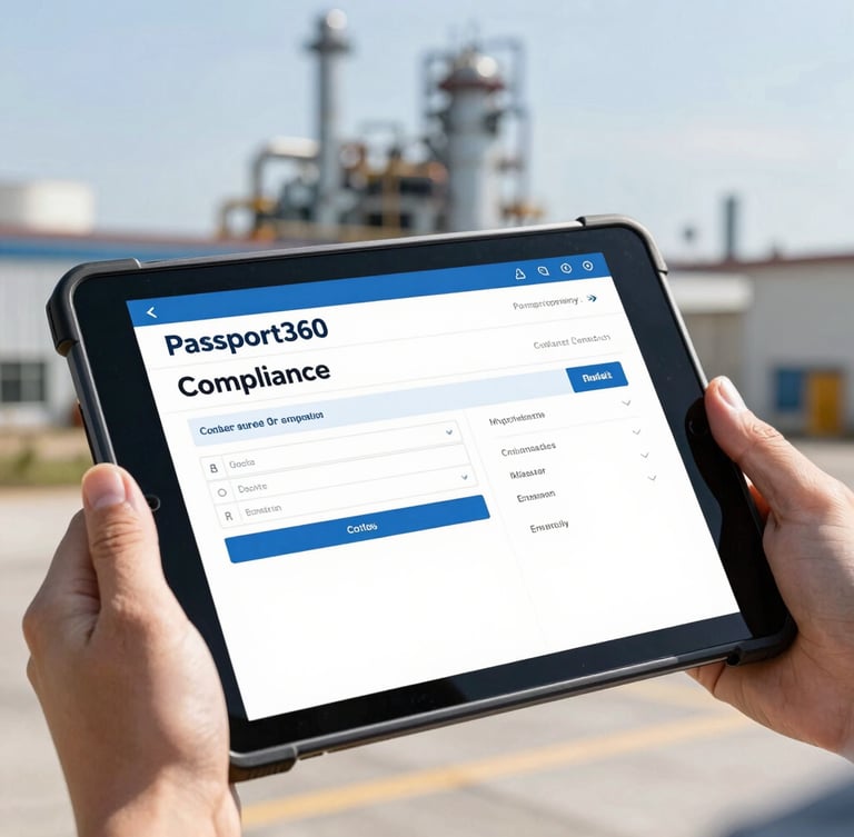 Close-up of hands on a rugged tablet displaying a Passport360 compliance dashboard, a blurred industrial site in the background, bright daylight.