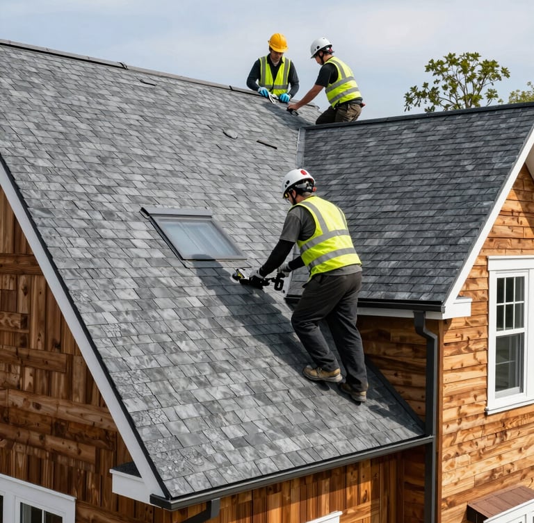 Crisp architectural photography of a professional roofing crew in safety gear installing slate gray architectural shingles on a residential home in Lowell, bright natural daylight, 35mm lens