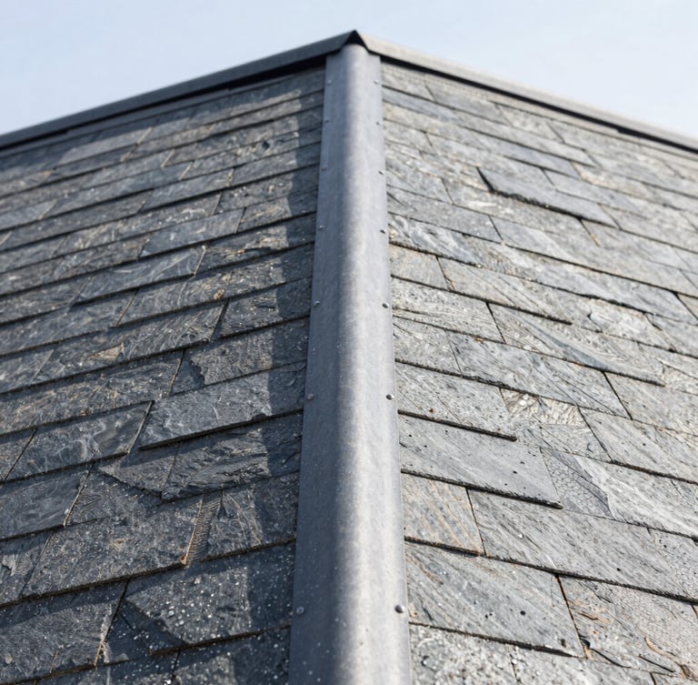 Crisp architectural close-up of metal flashing and clean shingle textures on a roof valley, bright natural daylight, showing high-contrast slate tones, 35mm lens.