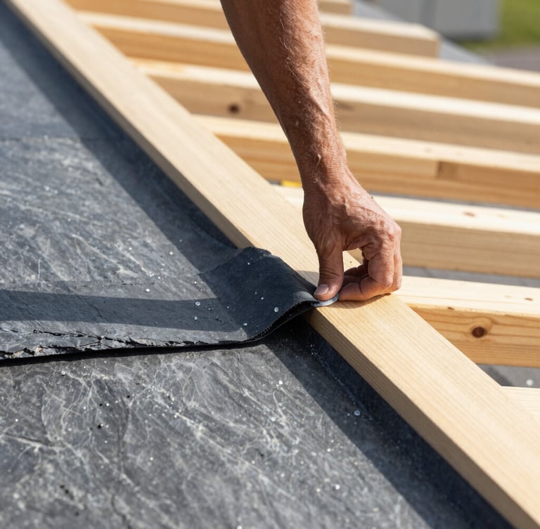 Tight macro shot of a roofing contractor installing self-adhering ice and water barrier membrane along a clean roof edge, bright natural daylight