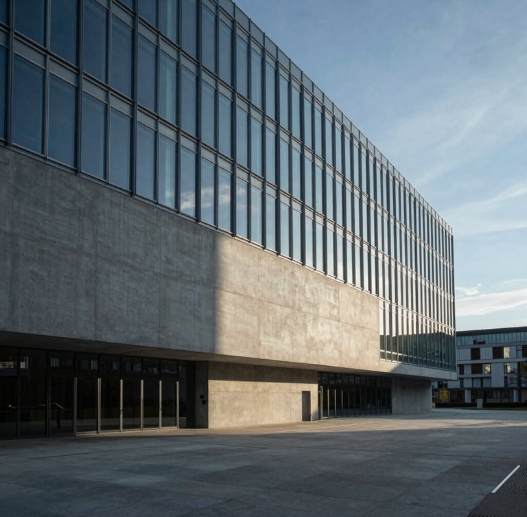 Wide architectural shot of a minimalist concrete and glass corporate headquarters in Frankfurt, sharp geometric shadows, cool morning light.