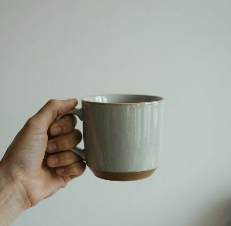 A quiet solitary moment of calm, a hand holding a warm ceramic mug in soft diffused overcast daylight, muted sage tones, shallow depth of field, 35mm photography