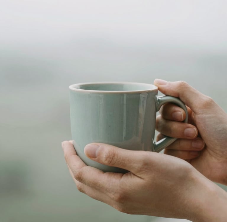 A close-up of hands holding a warm ceramic mug in diffused overcast daylight, soft muted sage background, shallow depth of field, 35mm photography.