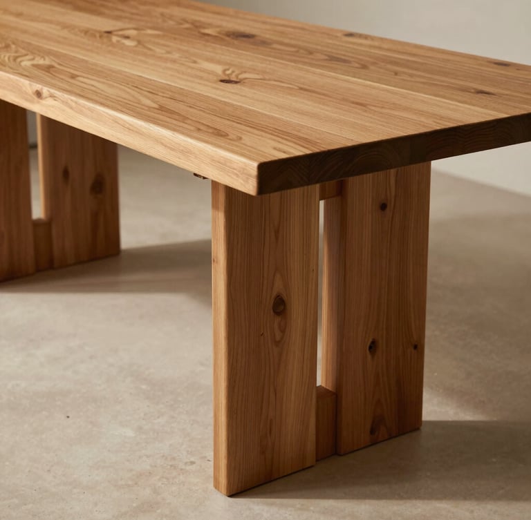 Architectural solid wood dining table with visible mortise and tenon joints, warm natural side-lighting, sharp geometric shadows on a warm plaster floor.