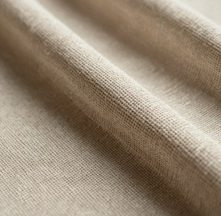 Macro texture shot of heavy-wear woven linen fabric, warm natural side-lighting highlighting the thick interlocking threads.