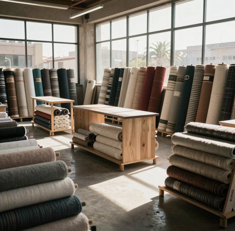 Wide environmental shot of the Karbala showroom, natural light streaming through large windows onto organized textile rolls and structural furniture setups