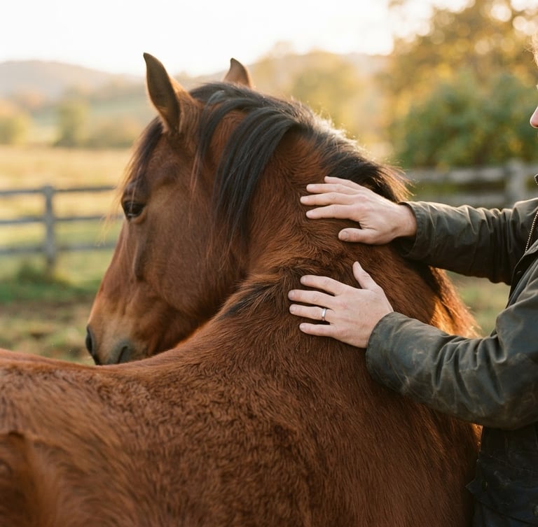 Medium close-up of a person's hands gently resting on the warm coat of a bay horse, soft golden hour light, shallow depth of field, 35mm film style.