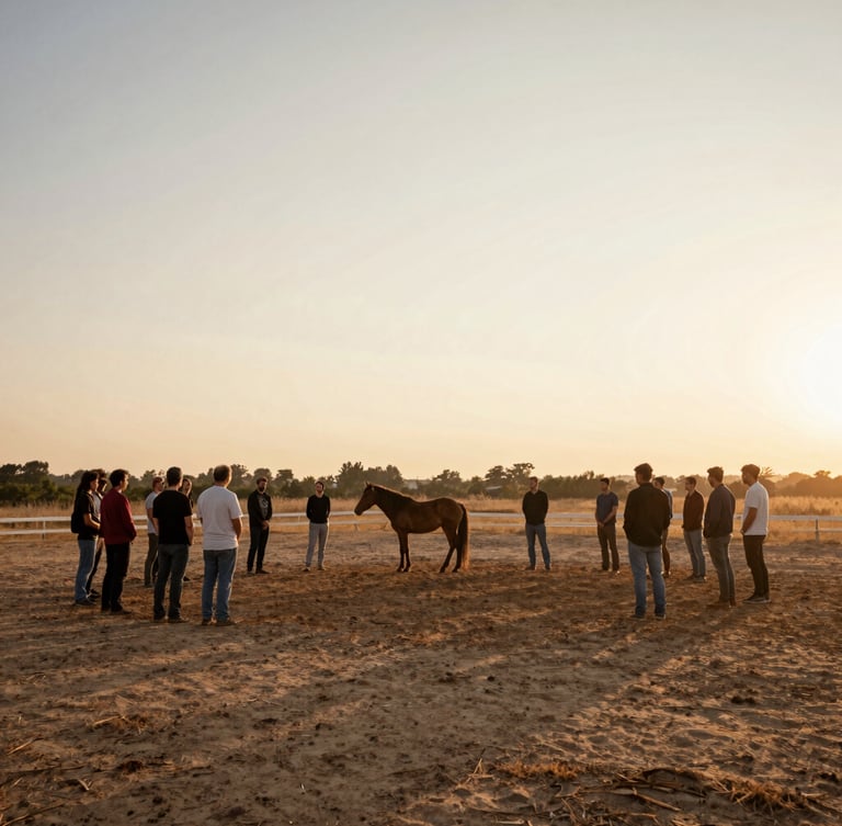Wide shot of an open-air arena at sunset, a small group of people standing in a circle with a loose horse in the center, soft natural light, warm organic tones.