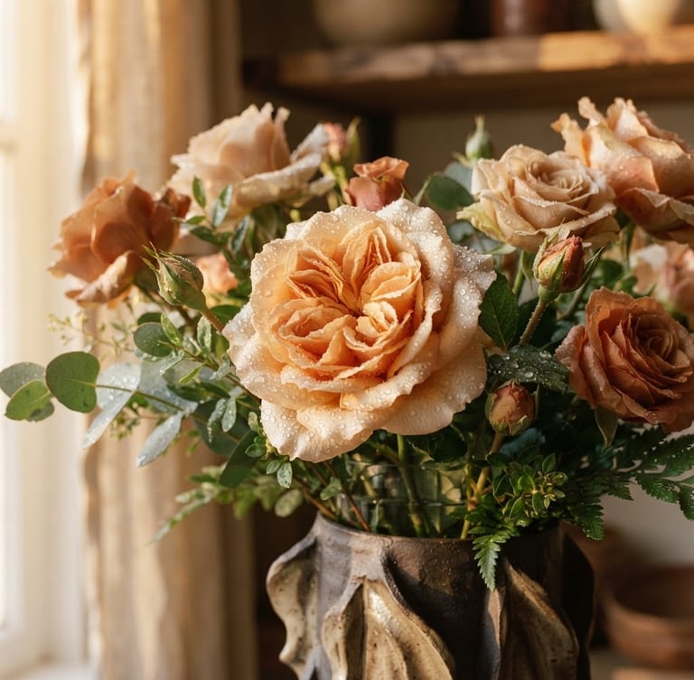 Macro close-up of dew-kissed Ecuadorian roses in an architectural vase, soft golden-hour window light casting gentle shadows, warm neutral tones, shallow depth of field.