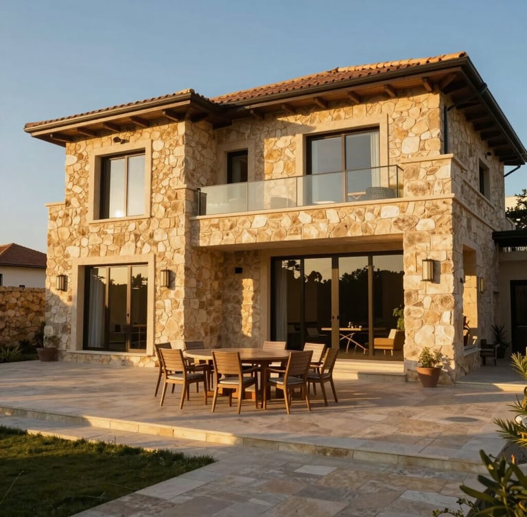 Wide architectural elevation of a sun-drenched Lebanese villa with traditional stone meeting modern glass, warm golden hour light casting long shadows, 35mm