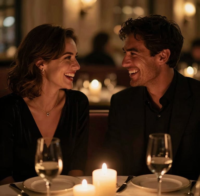 A close-up of a sophisticated couple laughing over a candlelit table in a luxury London lounge, soft focus on warm smiles and elegant evening wear, moody golden lighting.