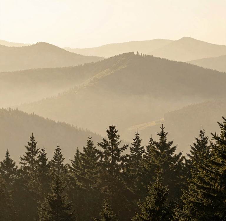 Atmospheric landscape of the Bosnian mountains at dawn, soft mist rising over ancient pine forests, diffused morning light, warm beige and muted green tones.