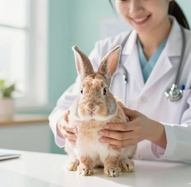 Bright high key photography of a calm rabbit being gently examined by a smiling vet in a pastel-toned clinic, soft natural daylight, warm editorial style