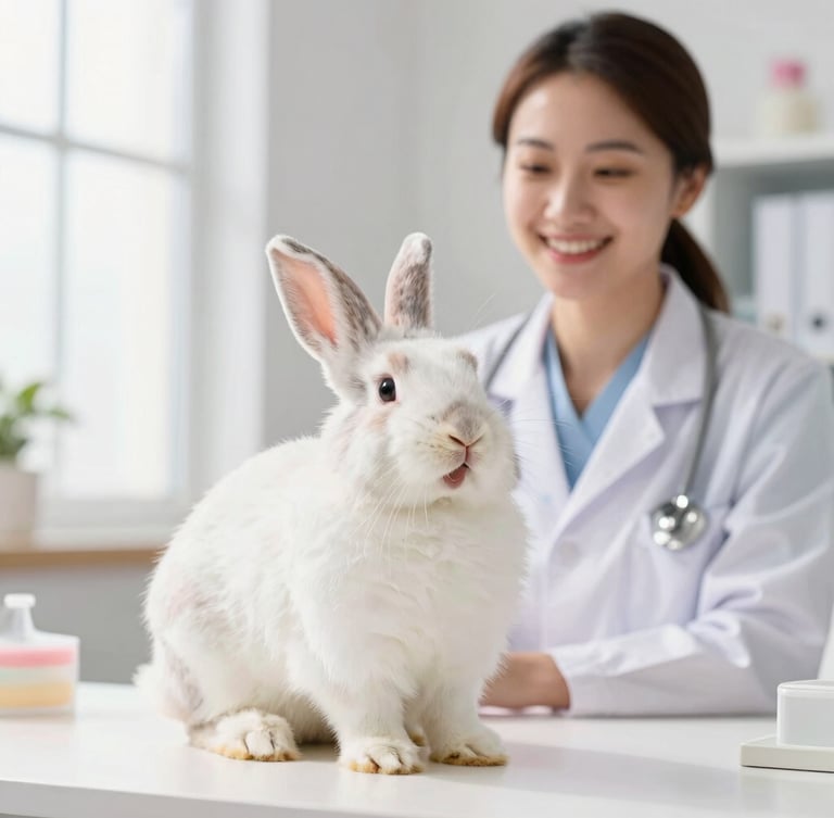 A happy fluffy rabbit sitting next to a smiling veterinarian in a bright, modern clinic with pastel accents, high-key natural lighting, shallow depth of field