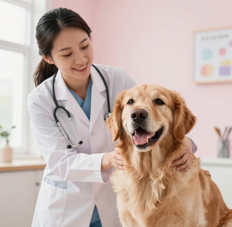 A smiling female veterinarian gently examining a happy golden retriever dog in a bright pastel-colored clinic, soft natural daylight, warm editorial style
