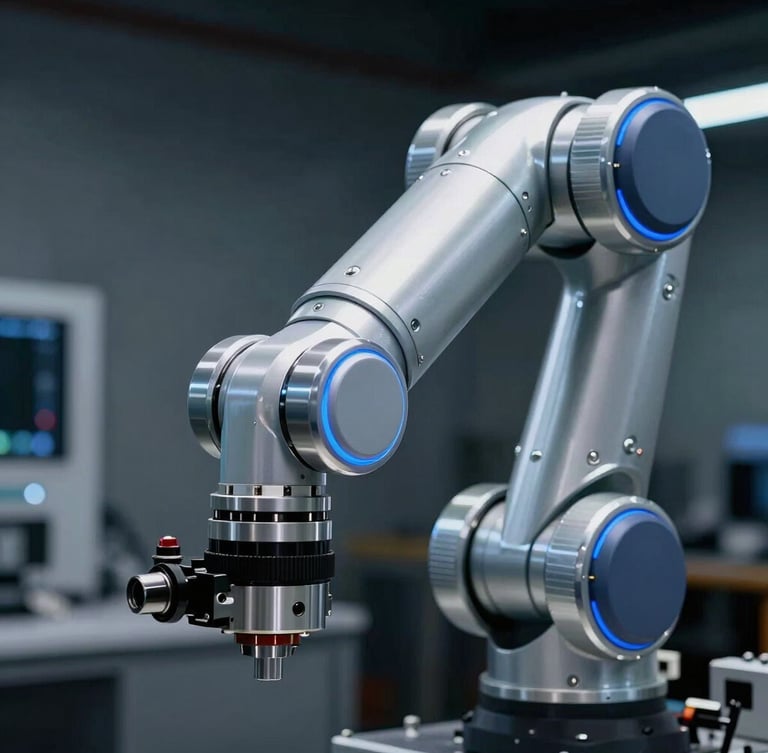 Close-up of a high-precision robotic actuator arm, metallic silver joint detailing, cold blue rim lighting, dark aerospace manufacturing environment