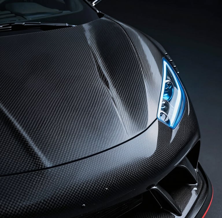 Extreme close-up of a carbon fiber aerodynamic panel on a premium vehicle, cold blue rim lighting, dark studio environment