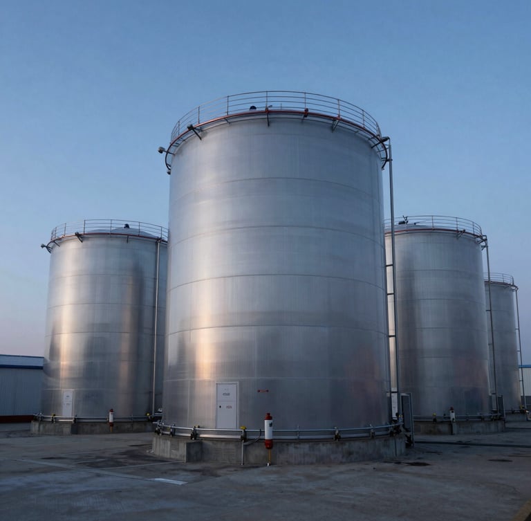 Industrial row of massive commercial utility battery storage units at dusk, clean metallic lines, cold blue horizon light, dramatic wide-angle shot