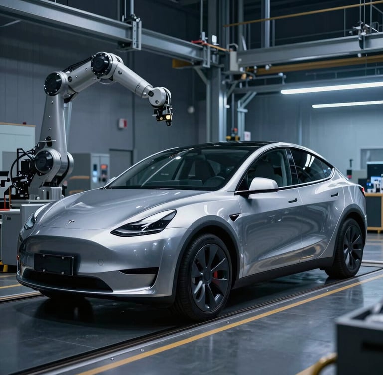 Sleek aerodynamic profile of a silver Tesla chassis on a dark robotic assembly line, cold blue atmospheric backlight, dramatic rim lighting