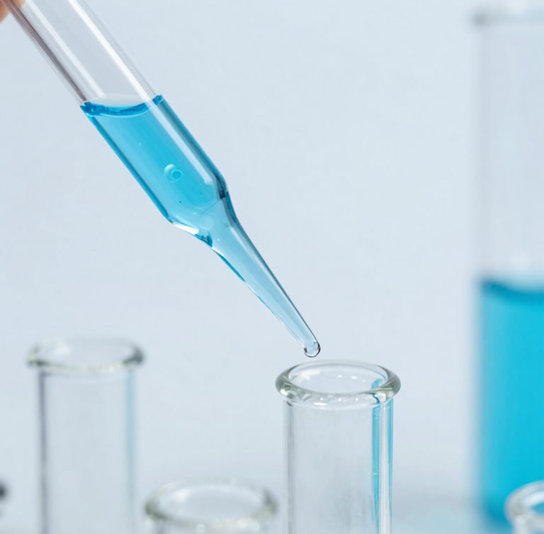 Macro laboratory photography of sterile glass pipettes and blue-tinted enzyme solutions, bright clean white lighting, cool blue and silver tones, sharp focus.