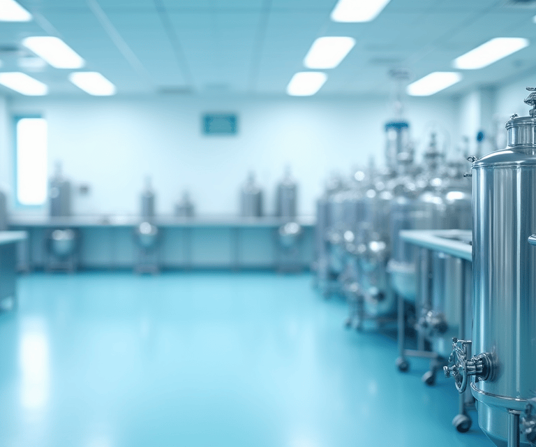 Rows of stainless steel bioreactor tanks in a clean biotechnology manufacturing facility.