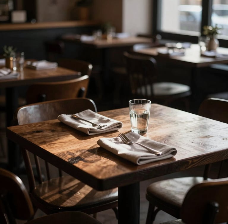 Low-contrast, soft Scandinavian daylight illuminating an empty, cozy bistro dining room with dark wood tables, rustic linen napkins, and moody side shadows.