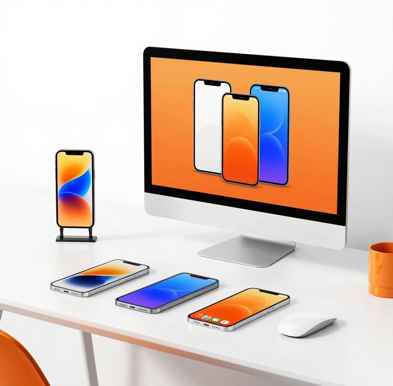 Crisp modern workspace environment with high-key studio lighting, a large desk displaying high-fidelity mobile mockups, vibrant orange accents, clean Swiss-style aesthetic.