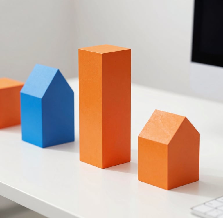 Bright studio photograph of a modern minimalist workspace with abstract orange and electric blue geometric sculptures on a desk, clean high-key lighting, sharp shadows