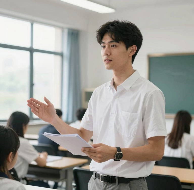 Medium-close candid shot of an engaged young adult student presenting confidently in a bright modern classroom, natural window light, clean academic atmosphere