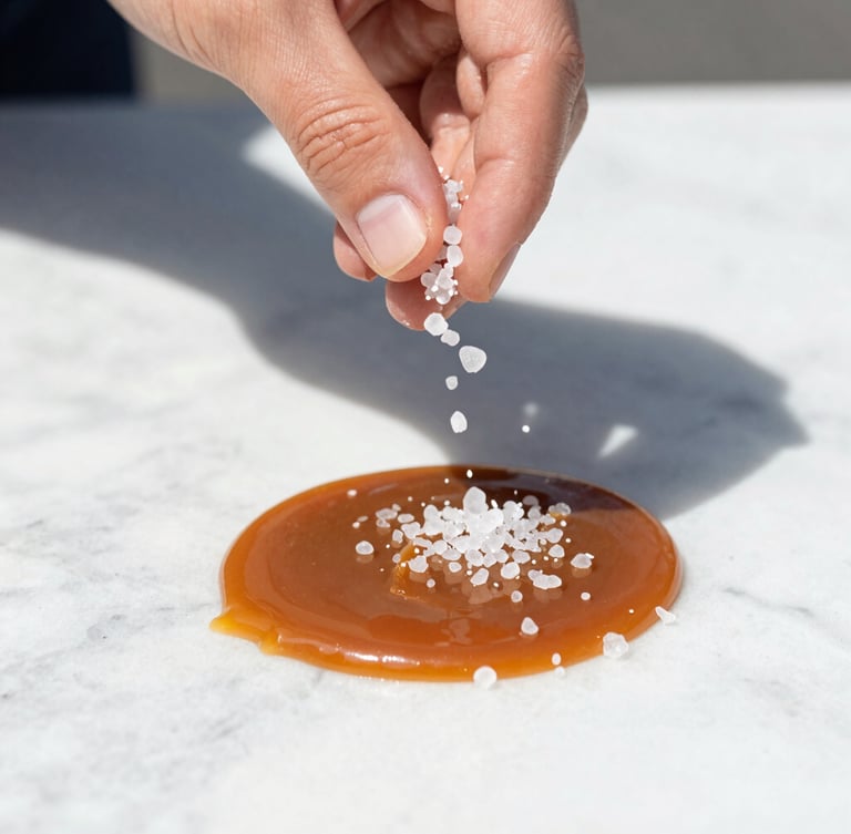 Close-up of glistening sea salt crystals being hand-sprinkled over rich, dripping caramel on a bright white marble counter, sharp focus, direct sunlight casting playful shadows