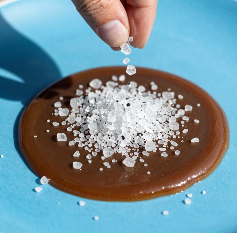 Close-up of glistening sea salt crystals being hand-sprinkled over dark, rich caramel on a bright blue surface, crisp direct sunlight, sharp focus.