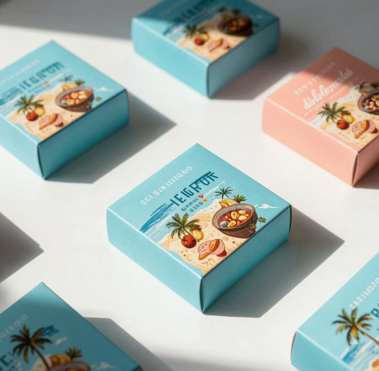 High-angle flat lay of vibrant gourmet gift boxes on a crisp white table under direct, hard-shadow sunlight, casting long playful shadows, coastal-vibe.
