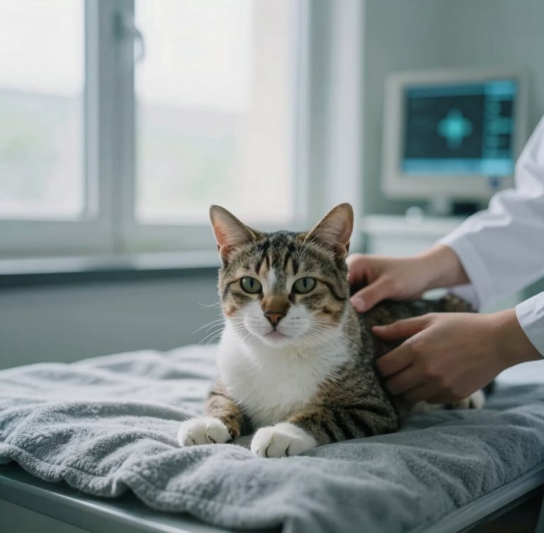 A calm domestic cat lying gently on a soft gray blanket in a serene clinical room, a veterinarian's hands softly comforting it under natural window light, clinical editorial photography