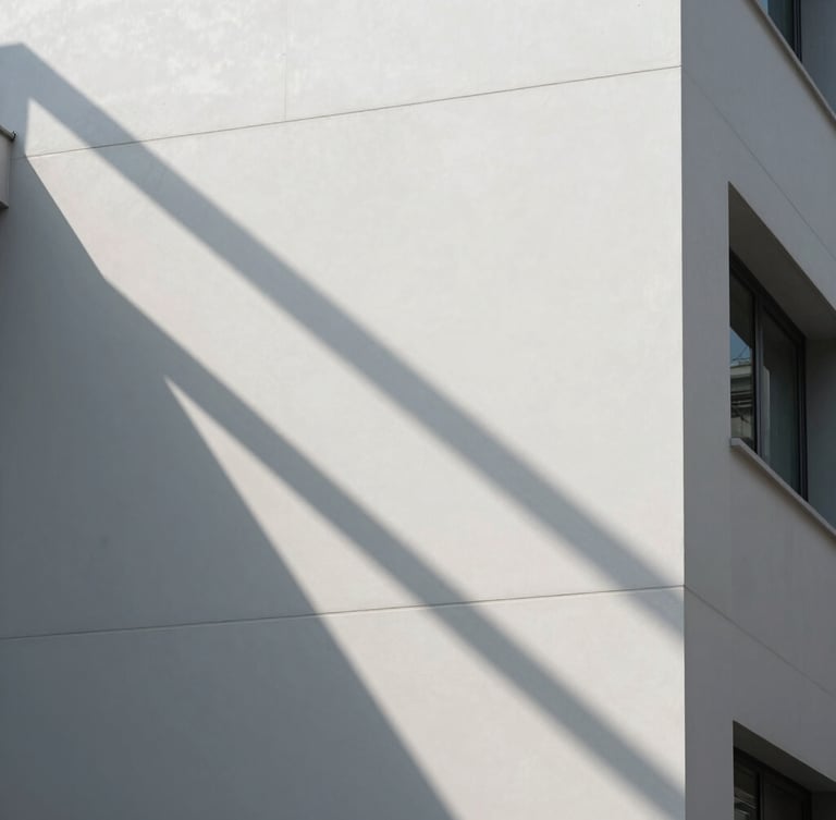 Sharp directional sunlight casting graphic linear shadows on a clean white architectural facade in Hong Kong, minimalist, high-contrast, premium corporate aesthetic.